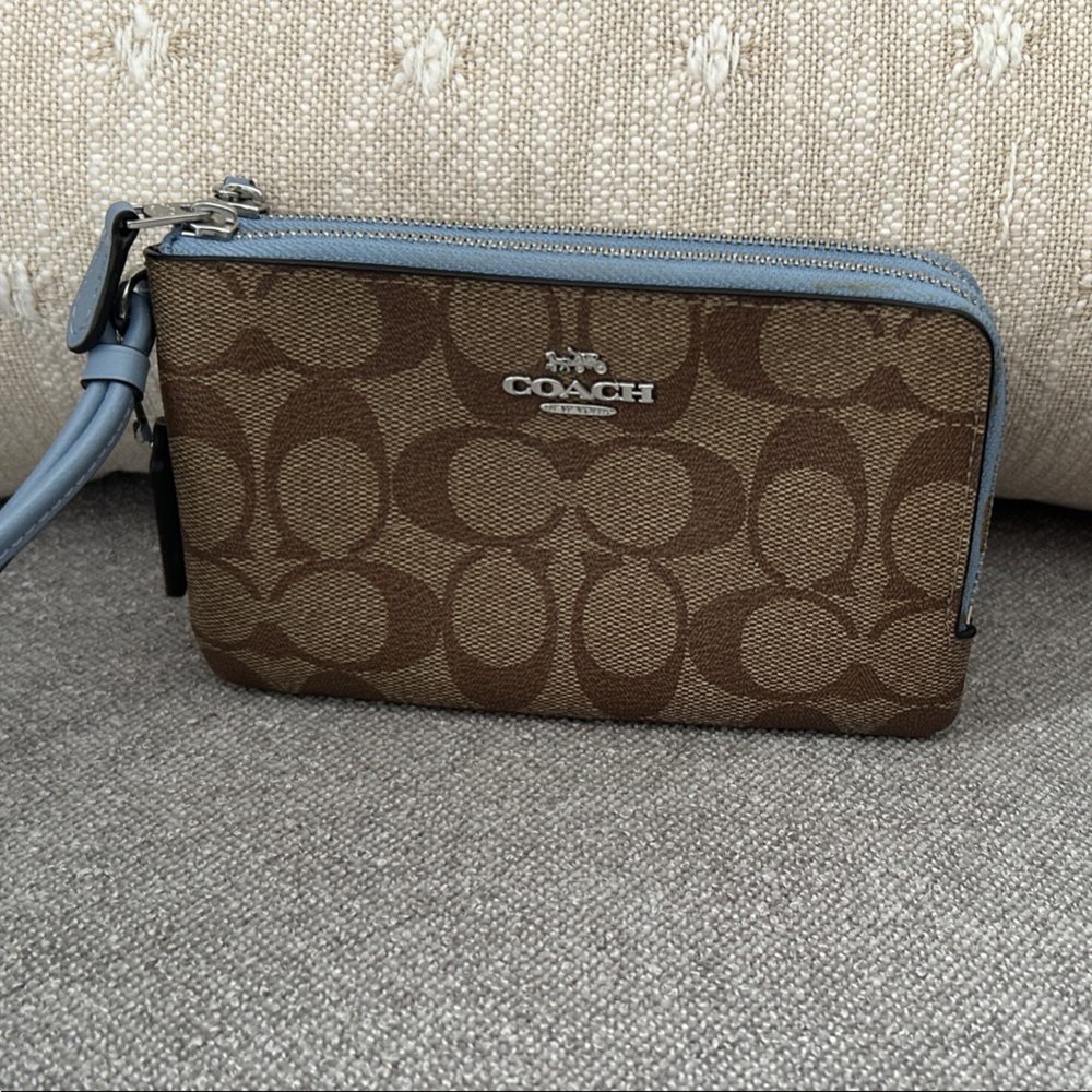 Coach Tan and Blue Signature Wristlet